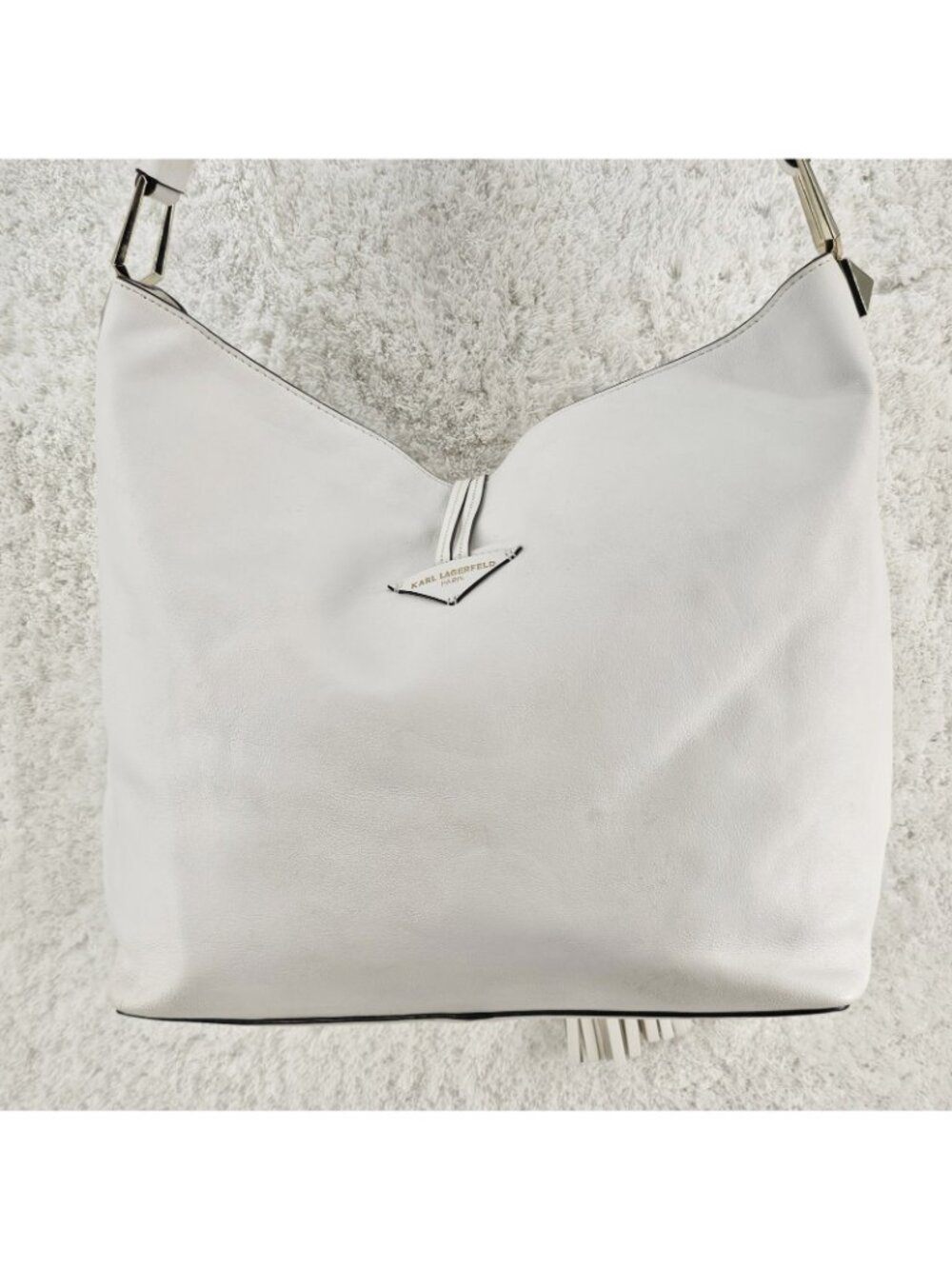 KARL LAGERFELD PARIS White Smooth Leather Hobo Shoulder Bag with Tassel Closure - Picture 4 of 15